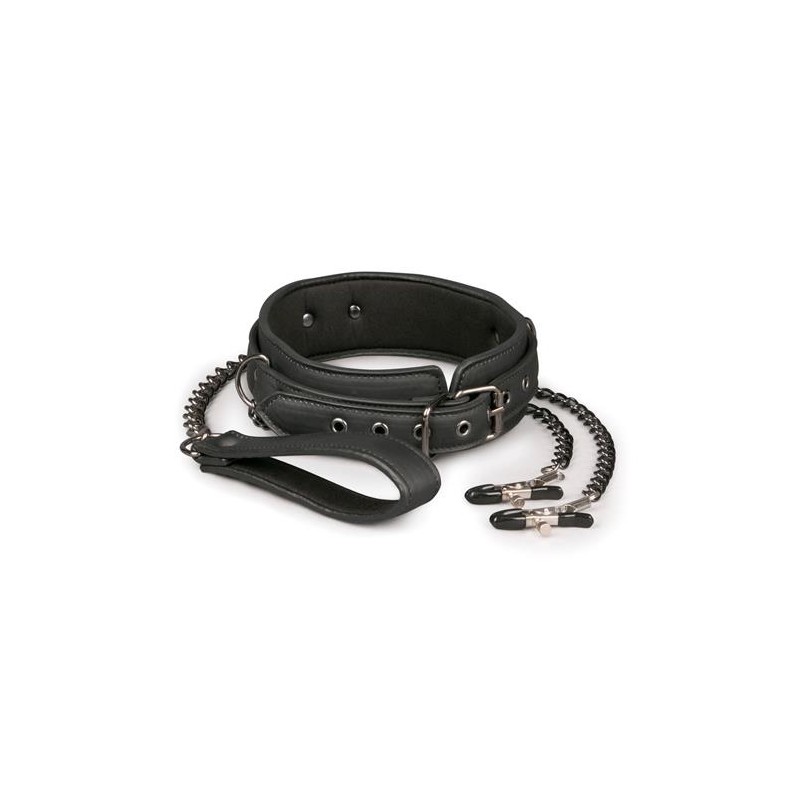 Wiązania-Leather Collar With Nipple Chains